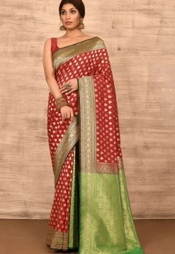 Banarasi Katan Silk Saree in Red and Green