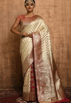 Banarasi Katan Silk Saree in Off White and Red