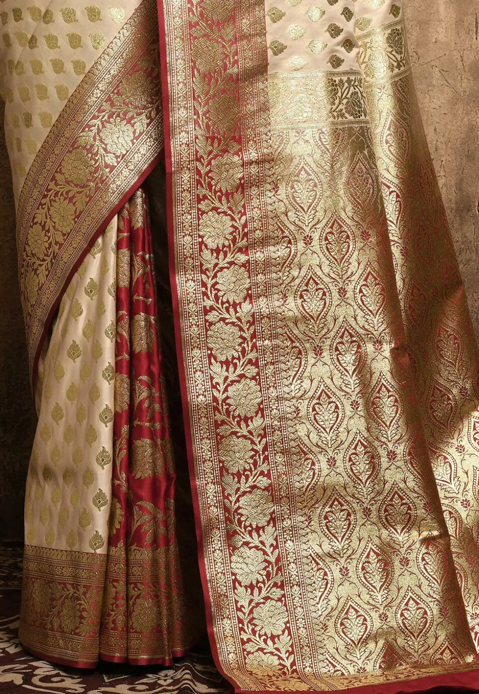 Banarasi Katan Silk Saree in Off White and Red