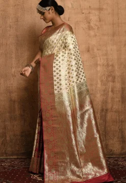 Banarasi Katan Silk Saree in Off White and Red