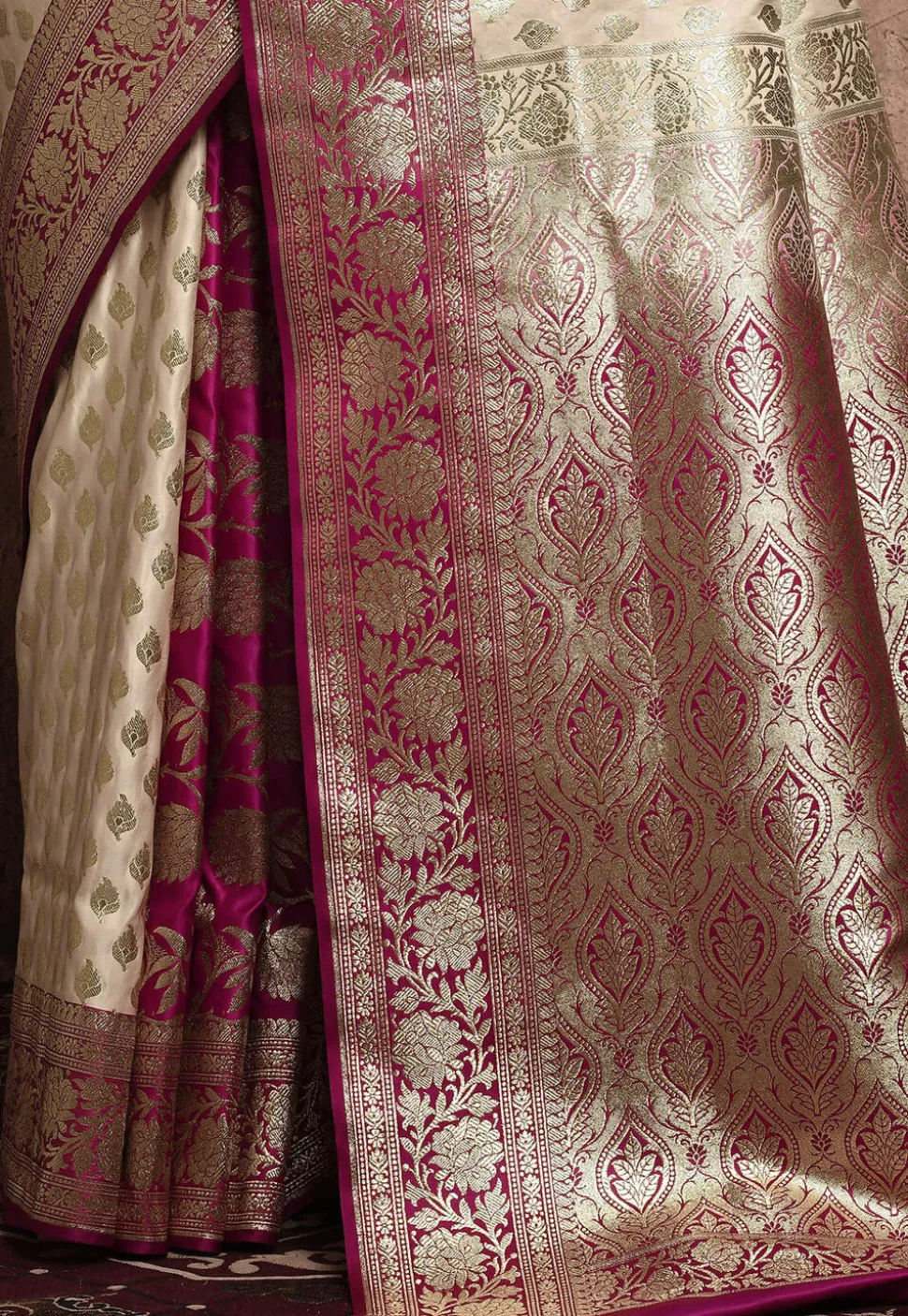 Banarasi Katan Silk Saree in Off White and Magenta