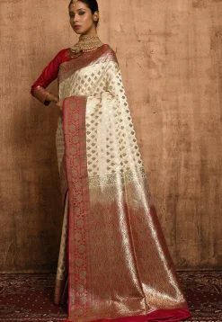 Banarasi Katan Silk Saree in Off White and Magenta