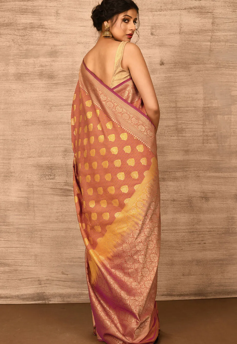 Banarasi Katan Silk Saree in Mustard and Magenta