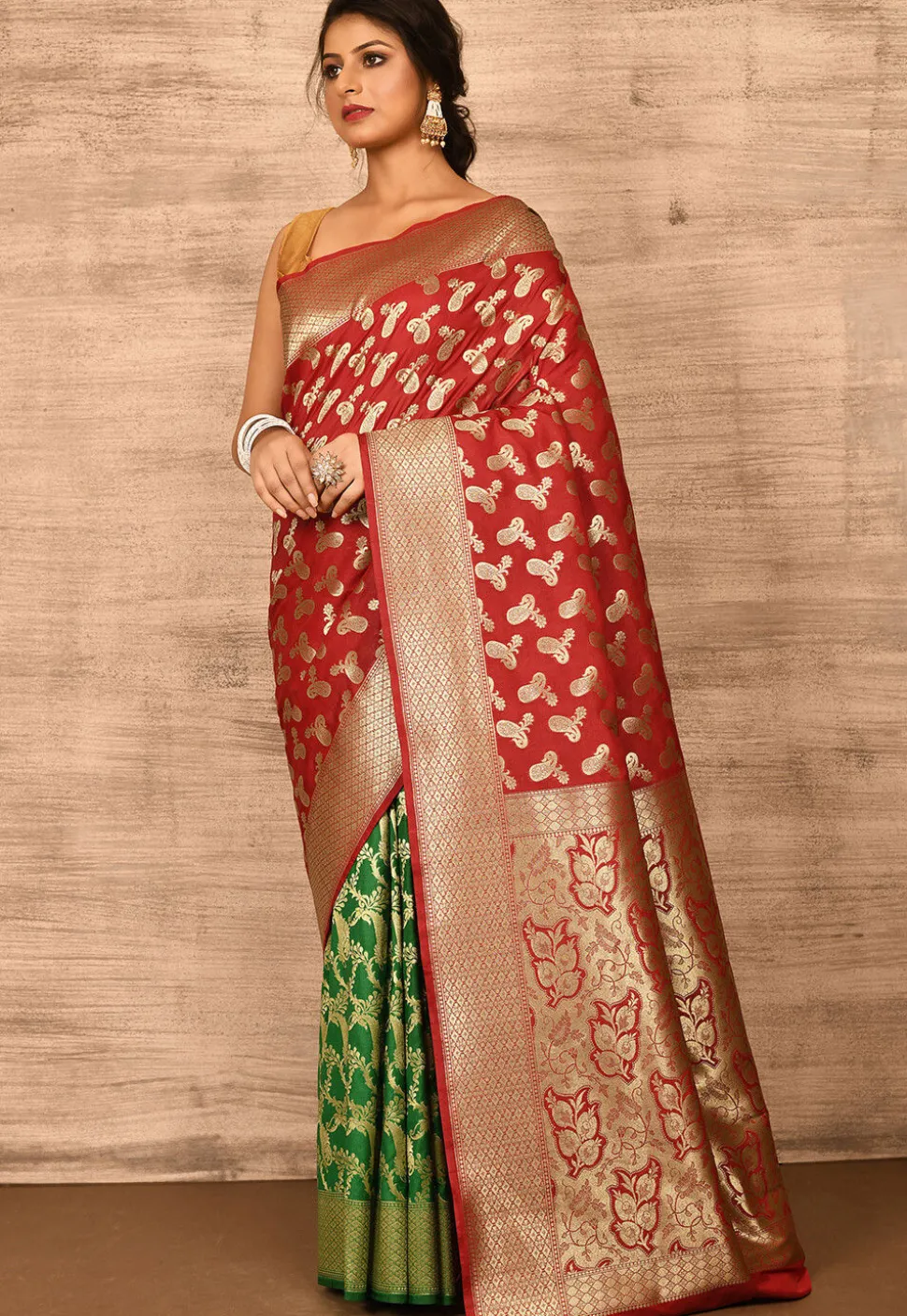 Banarasi Katan Silk Saree in Red and Green