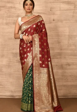 Banarasi Katan Silk Saree in Maroon and Teal Green