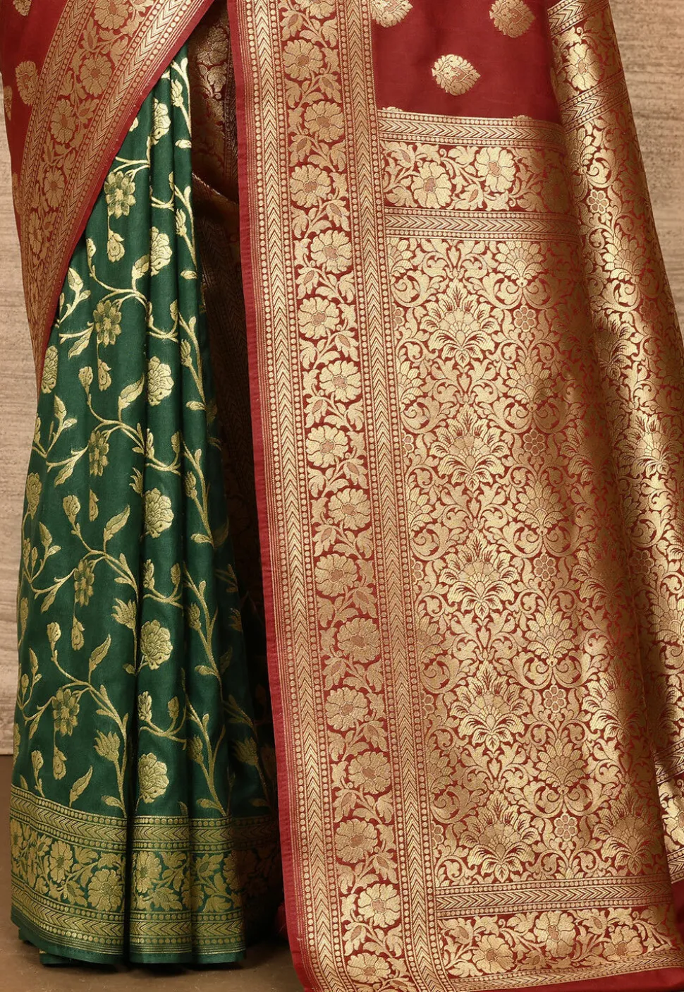 Banarasi Katan Silk Saree in Maroon and Teal Green
