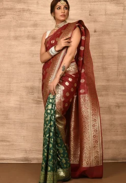 Banarasi Katan Silk Saree in Maroon and Teal Green