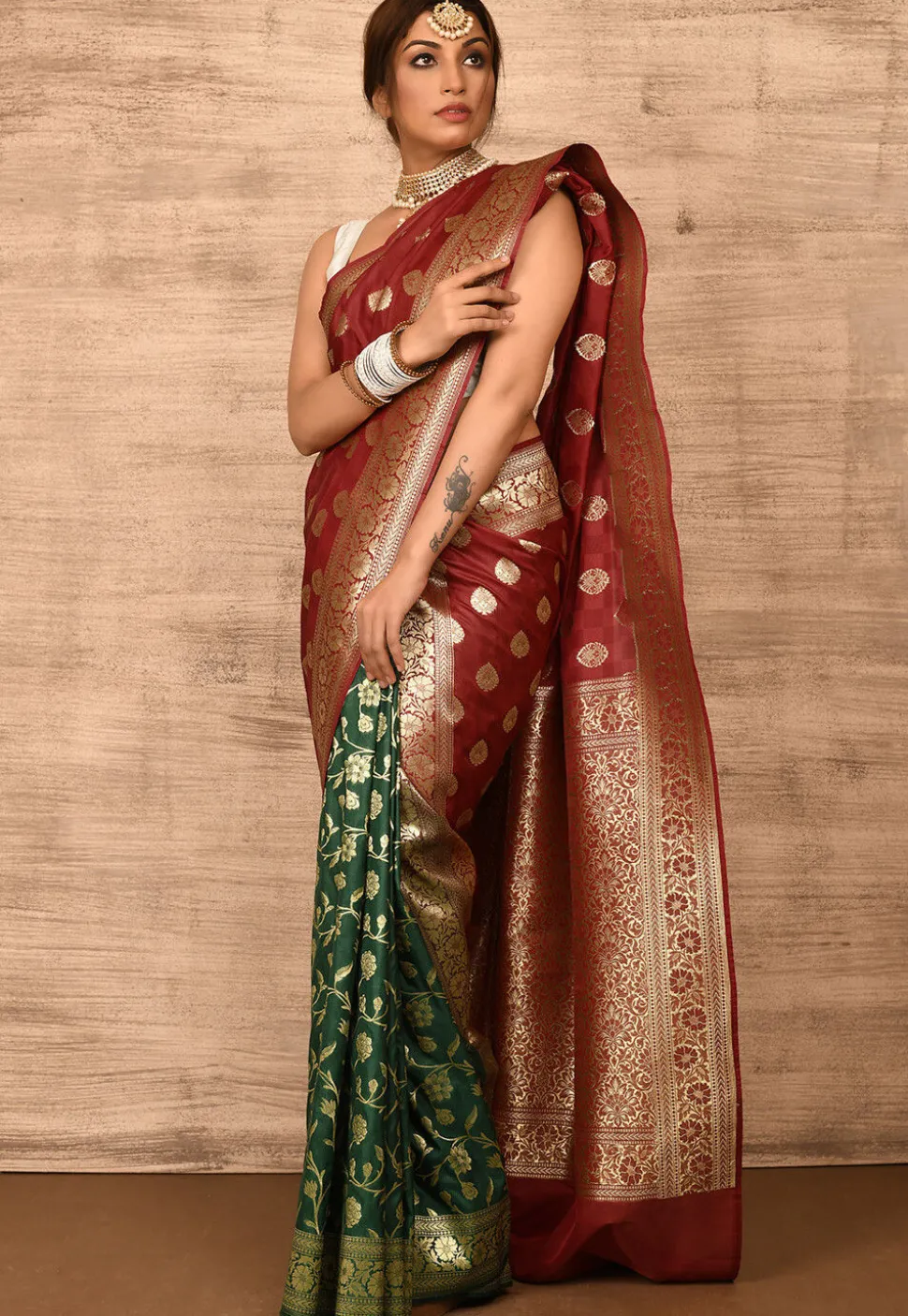 Banarasi Katan Silk Saree in Maroon and Teal Green