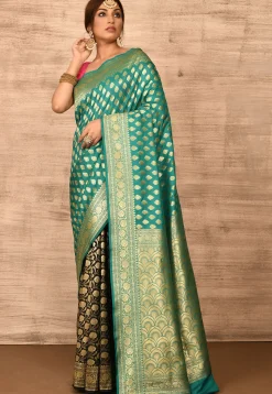 Banarasi Katan Silk Saree in Teal Green and Black