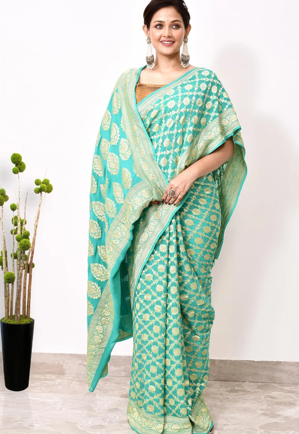 Banarasi Pure Chiffon Saree in Sea Green