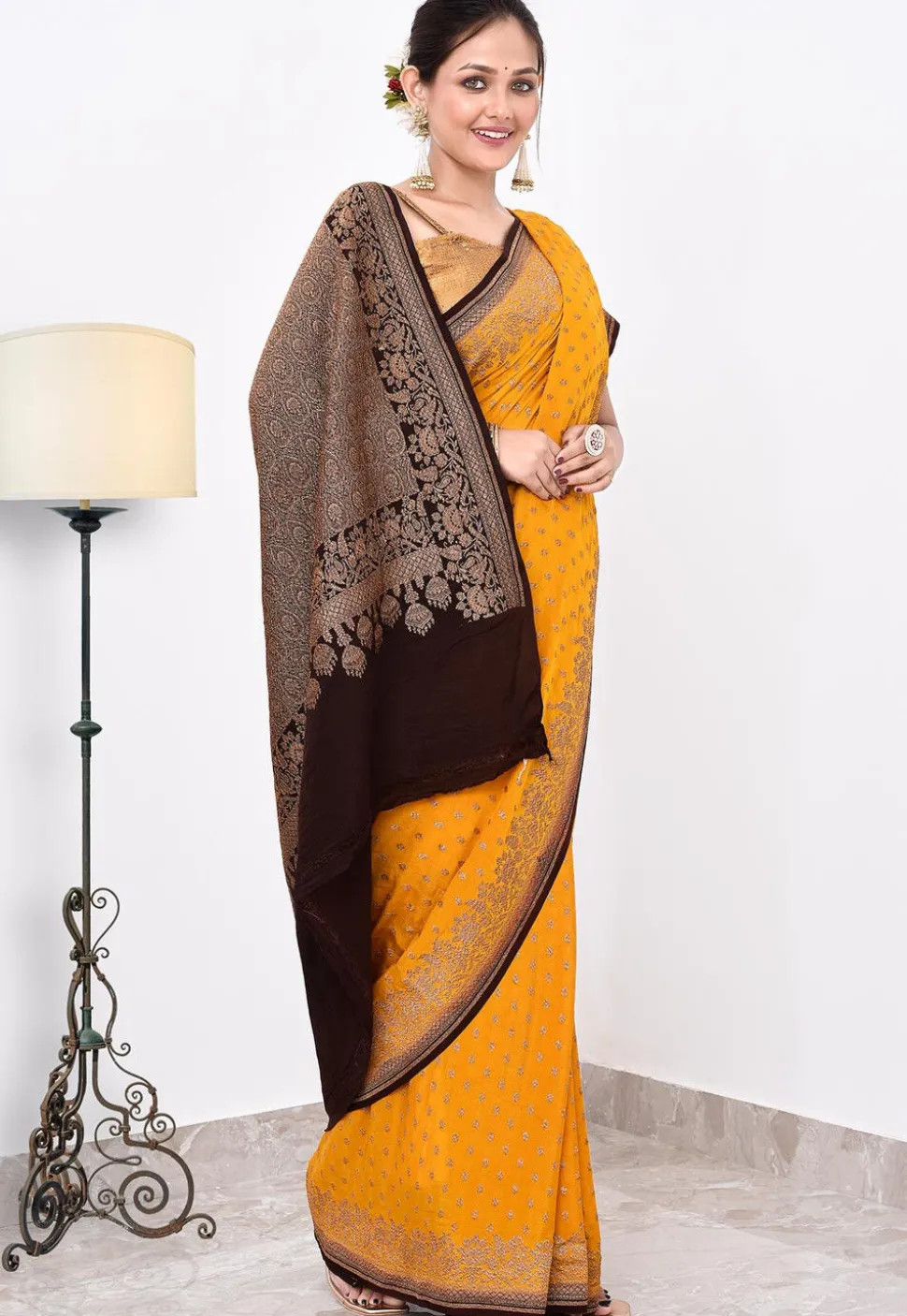 Banarasi Pure Crepe Silk Saree in Yellow
