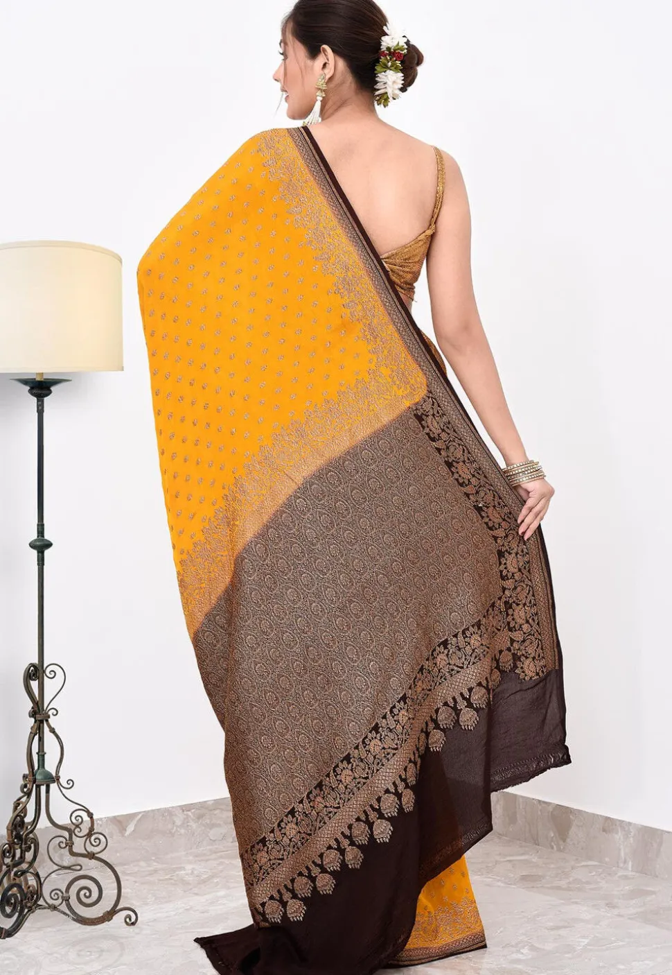 Banarasi Pure Crepe Silk Saree in Yellow