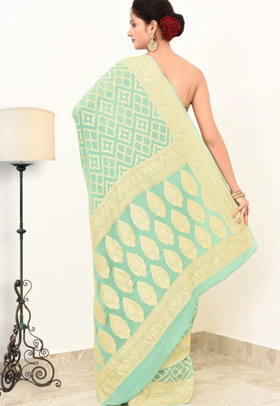 Banarasi Pure Crepe Silk Saree in Sea Green