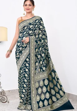 Banarasi Pure Crepe Silk Saree in Teal Blue