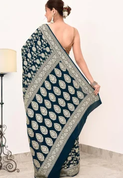 Banarasi Pure Crepe Silk Saree in Teal Blue