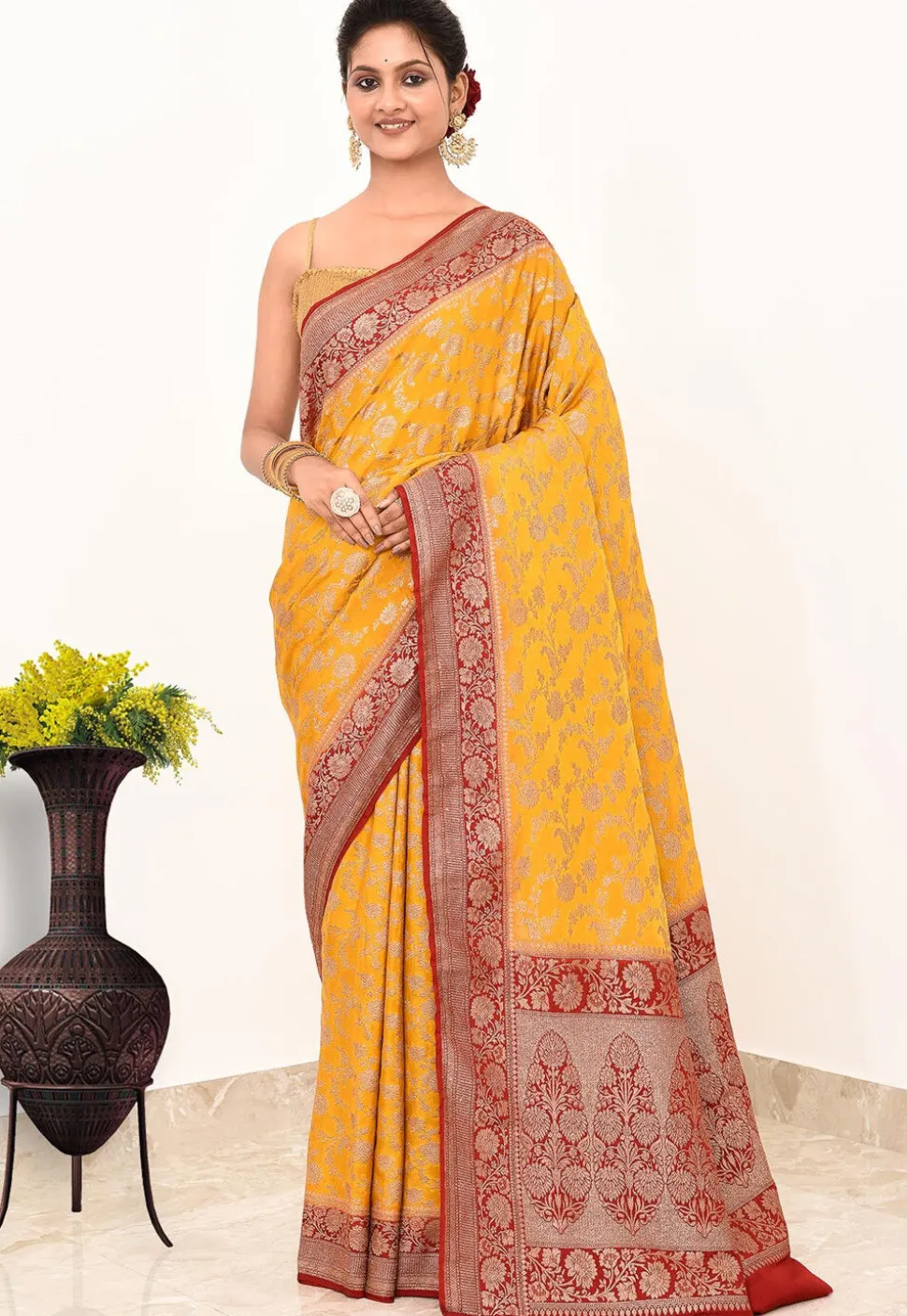 Banarasi Pure Crepe Silk Saree in Yellow