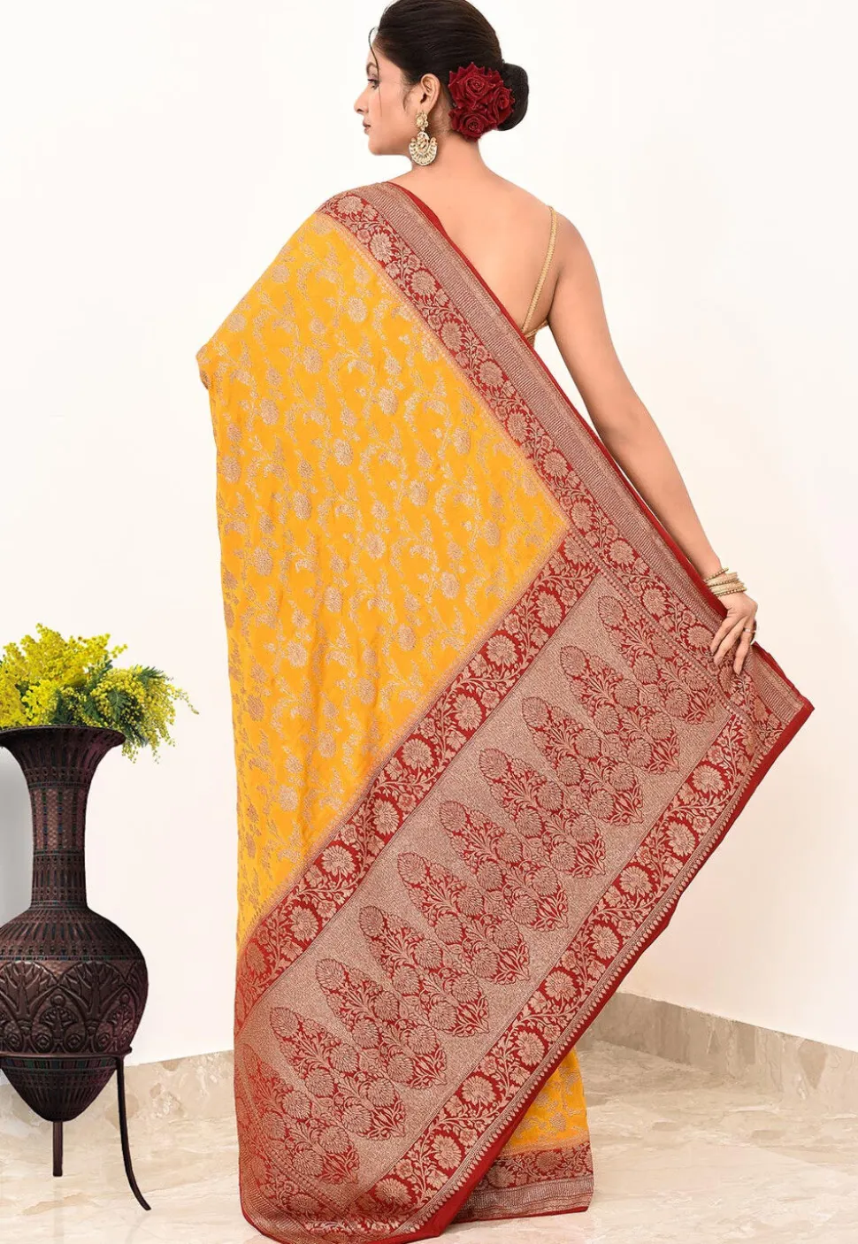 Banarasi Pure Crepe Silk Saree in Yellow