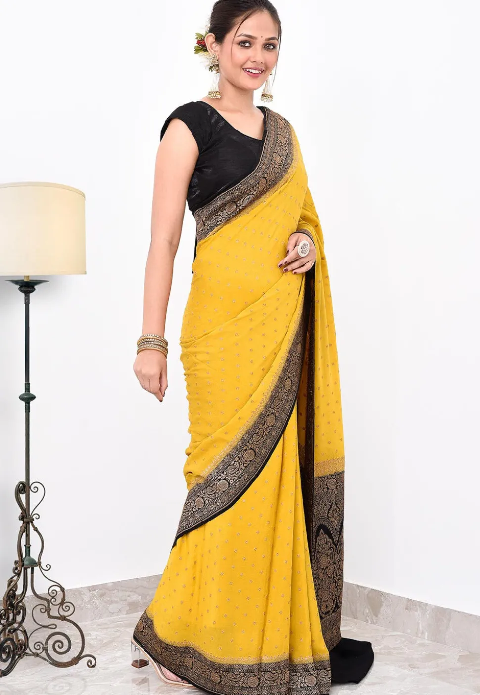 Banarasi Pure Crepe Silk Saree in Mustard