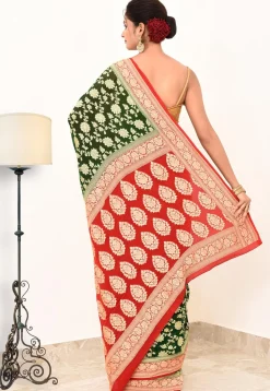 Banarasi Pure Crepe Silk Saree in Dark Green