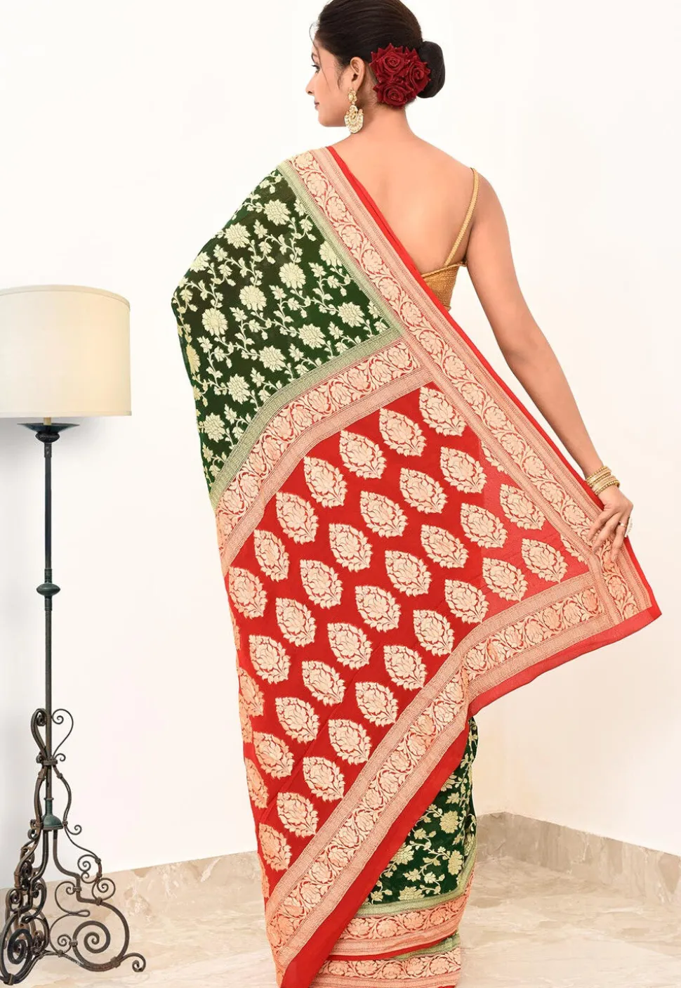 Banarasi Pure Crepe Silk Saree in Dark Green