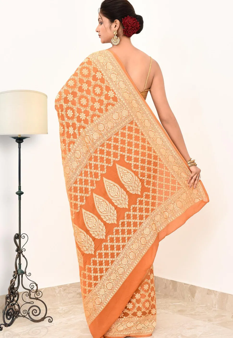 Banarasi Pure Crepe Silk Saree in Orange