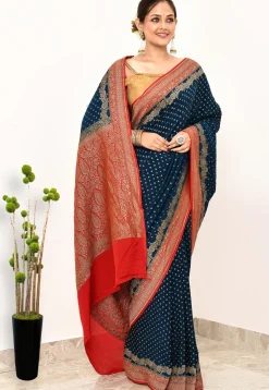 Banarasi Pure Crepe Silk Saree in Dark Teal Blue