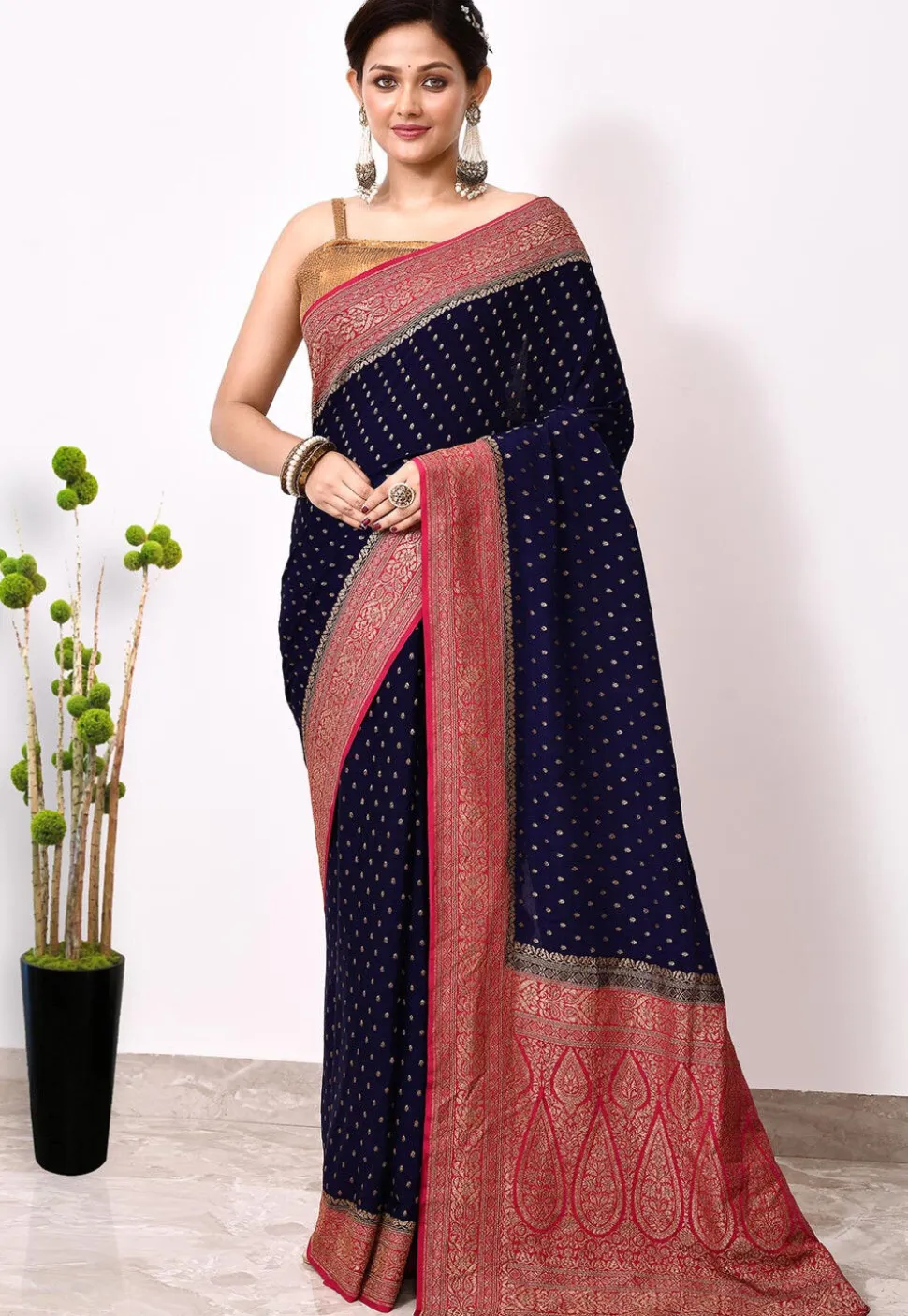 Banarasi Pure Crepe Silk Saree in Navy Blue