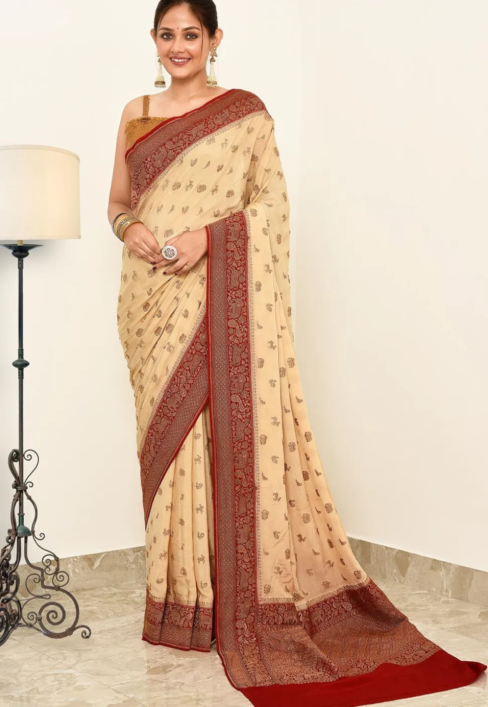 Banarasi Pure Crepe Silk Saree in Cream