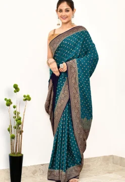 Banarasi Pure Crepe Silk Saree in Teal Blue