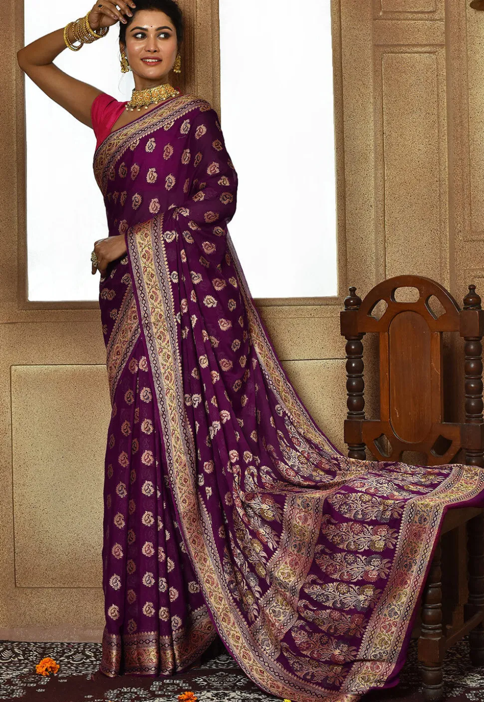 Banarasi Pure Georgette Silk Saree in Purple