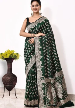 Banarasi Pure Katan Silk Handloom Saree in Dark Green