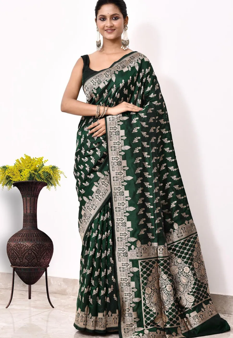 Banarasi Pure Katan Silk Handloom Saree in Dark Green