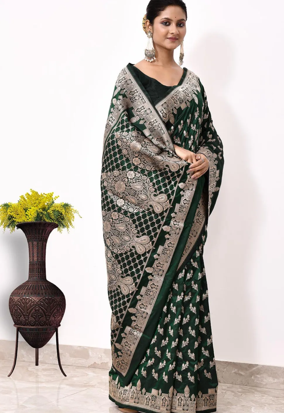 Banarasi Pure Katan Silk Handloom Saree in Dark Green