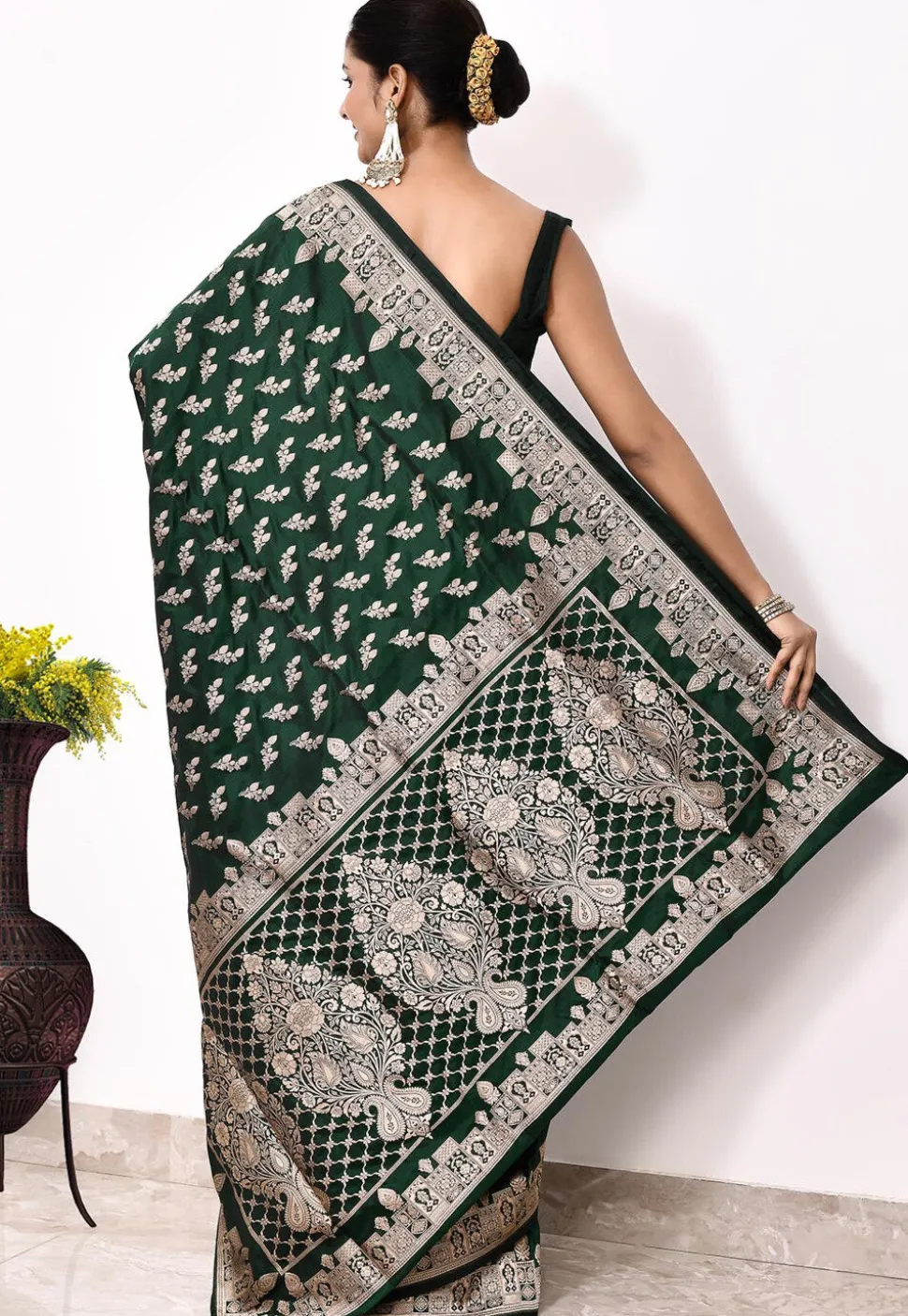 Banarasi Pure Katan Silk Handloom Saree in Dark Green