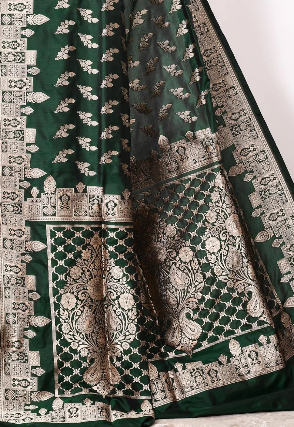 Banarasi Pure Katan Silk Handloom Saree in Dark Green