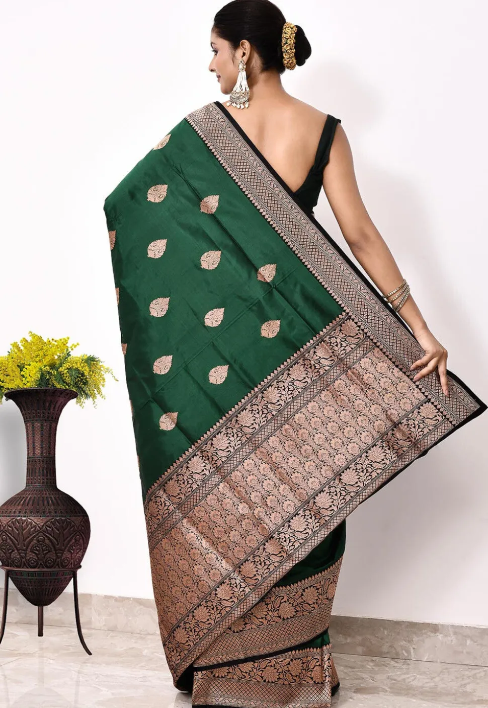 Banarasi Pure Katan Silk Handloom Saree in Dark Green