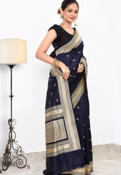 Banarasi Pure Katan Silk Handloom Saree in Navy Blue