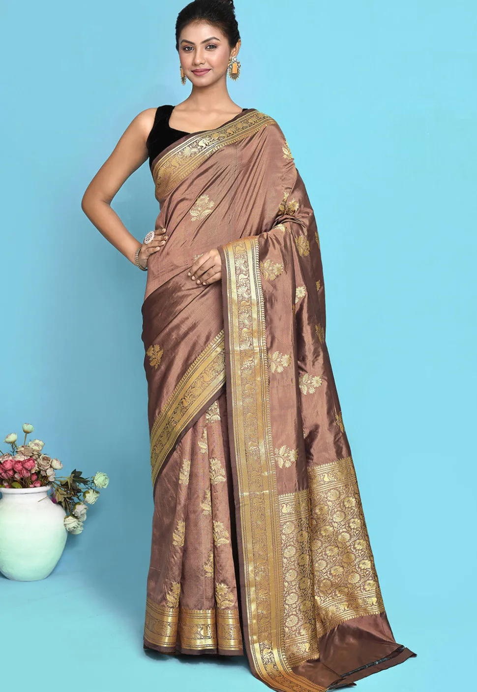 Banarasi Pure Katan Silk Handloom Saree in Antique