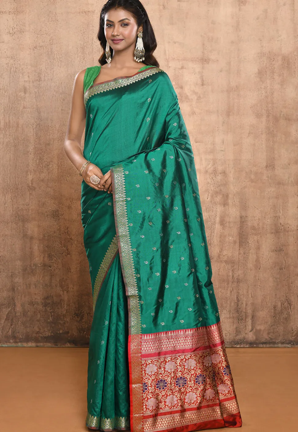 Banarasi Pure Katan Silk Handloom Saree in Dark Green