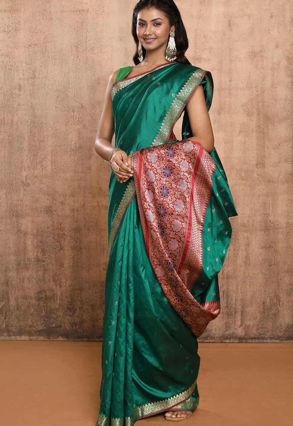 Banarasi Pure Katan Silk Handloom Saree in Dark Green