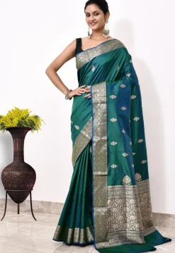 Banarasi Pure Katan Silk Handloom Saree in Teal Green