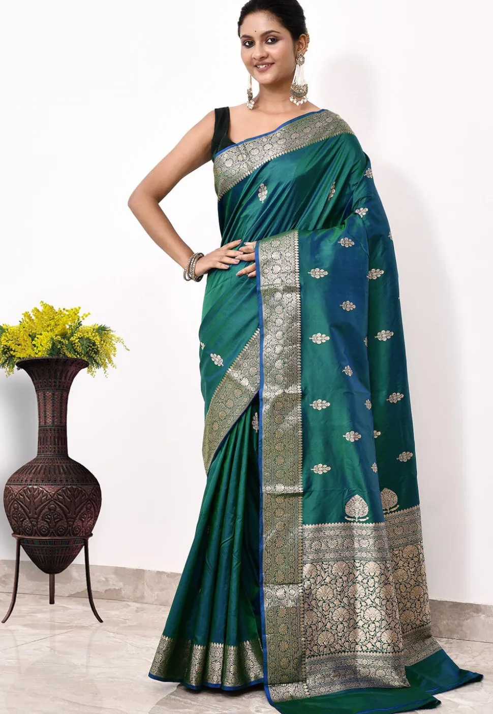 Banarasi Pure Katan Silk Handloom Saree in Teal Green