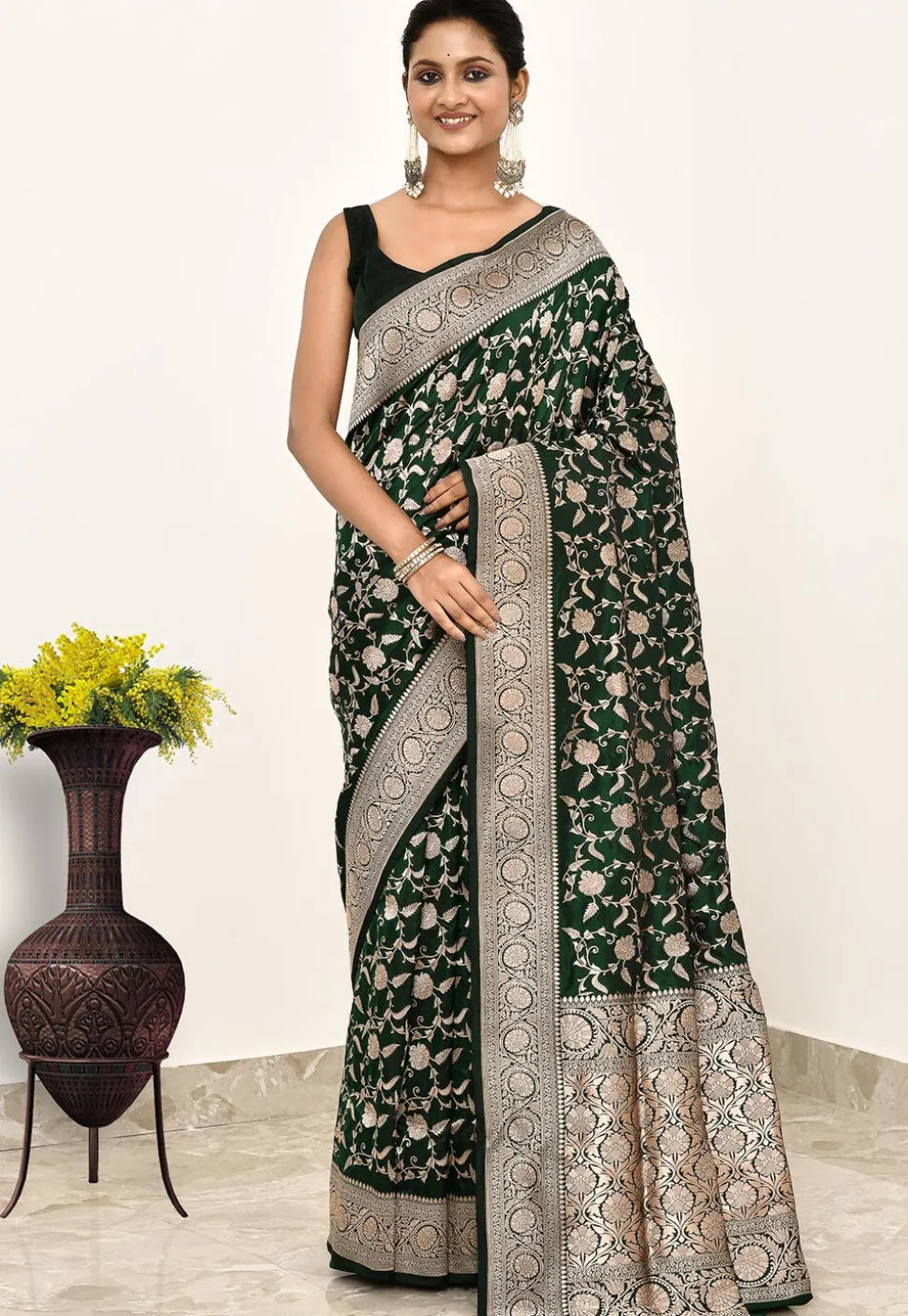 Banarasi Pure Katan Silk Handloom Saree in Dark Green