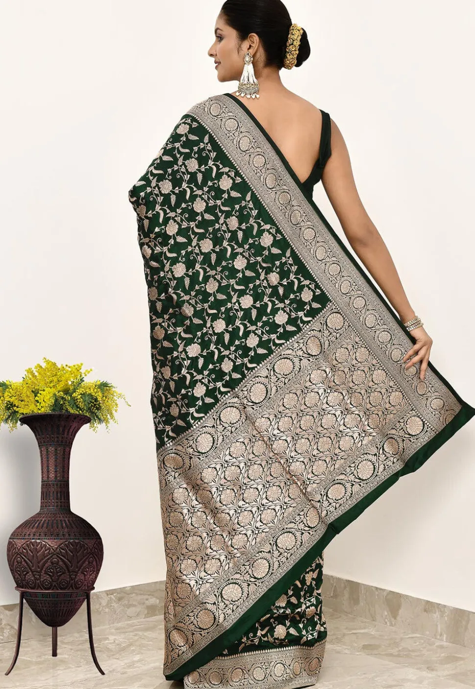Banarasi Pure Katan Silk Handloom Saree in Dark Green