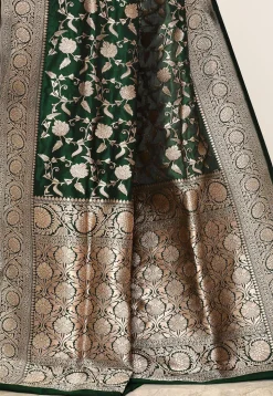 Banarasi Pure Katan Silk Handloom Saree in Dark Green