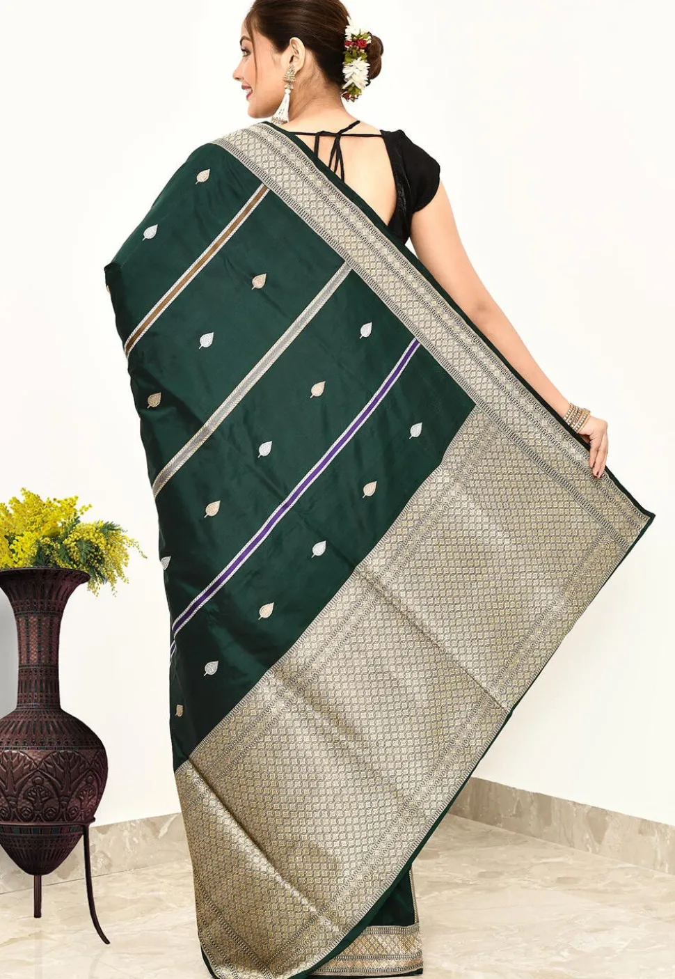 Banarasi Pure Katan Silk Handloom Saree in Dark Green