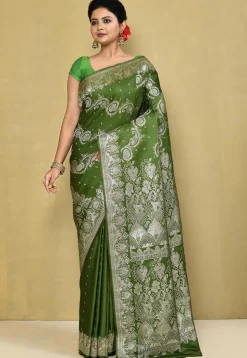 Banarasi Pure Silk Saree in Olive Green
