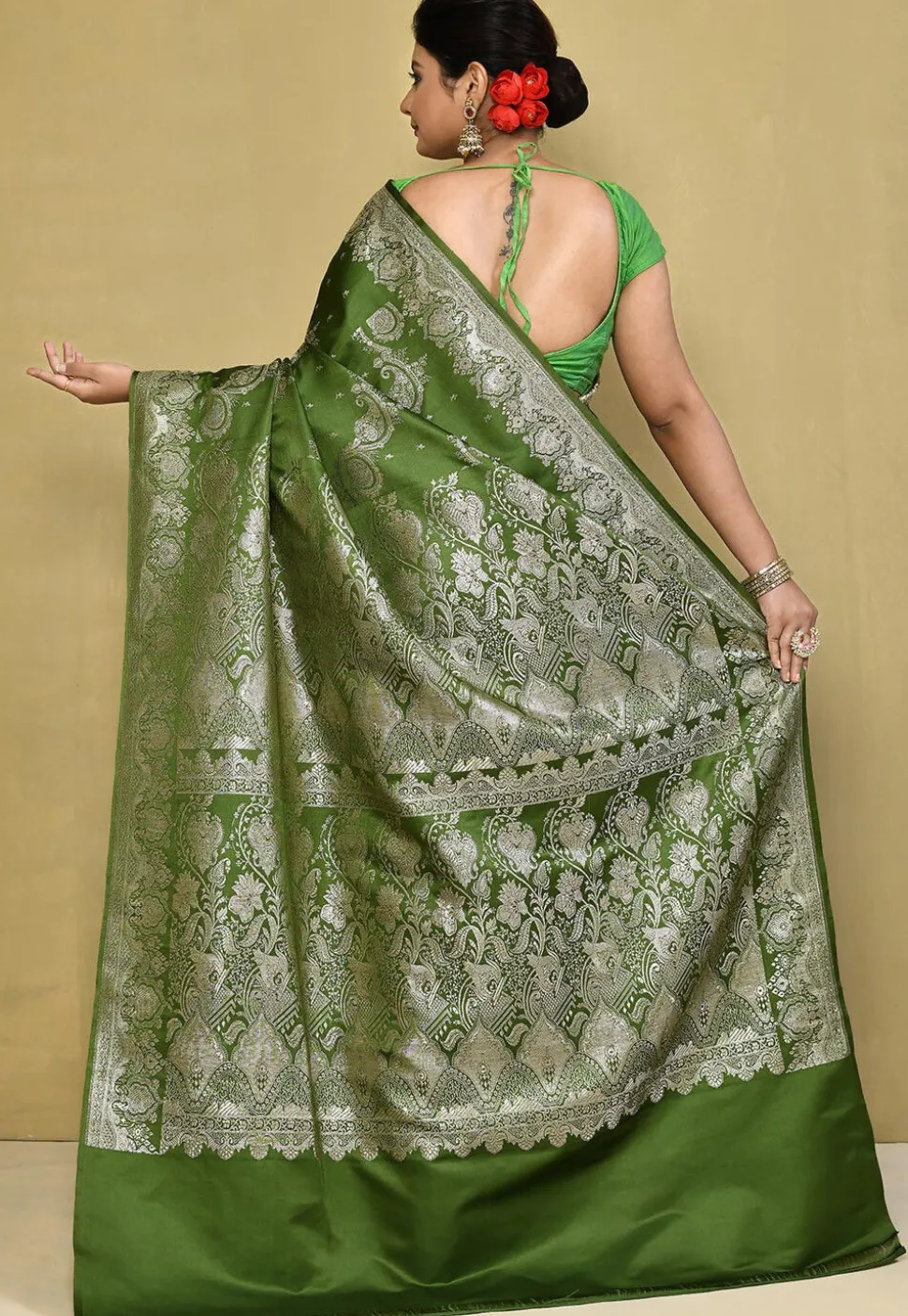 Banarasi Pure Silk Saree in Olive Green