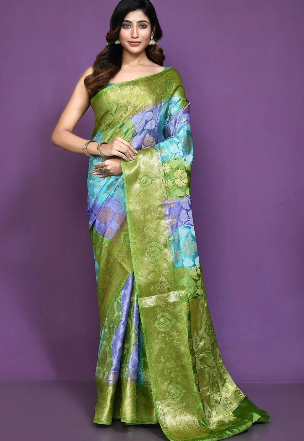 Banarasi Pure Silk Saree in Blue and Green