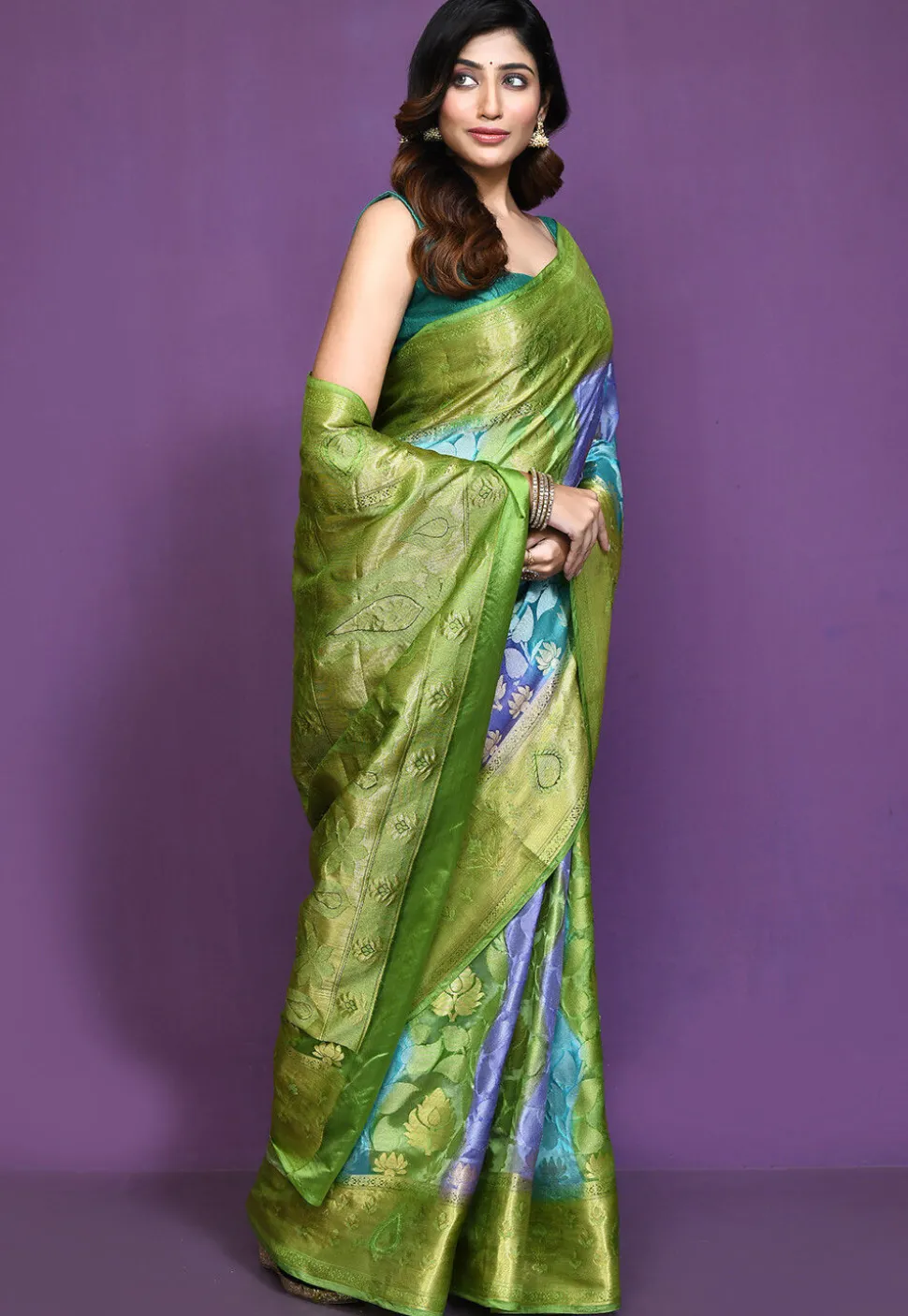 Banarasi Pure Silk Saree in Blue and Green